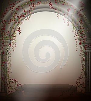Arch with two marble columns and with curling red rose, romantic place in the antique garden, theater decoration,