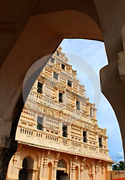 Arch view of bell tower at the thanjavur maratha palace