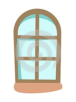 Arch window. Round top rectangular frame. Blue glass. With a windowsill. Isolated object on a white background. Cartoon