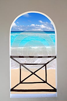 Arch window tropical Caribbean beach seen through