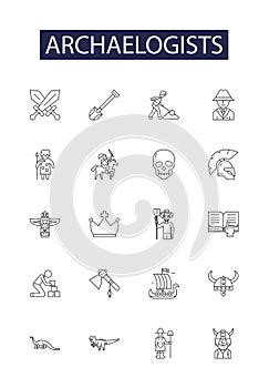 Archaelogists line vector icons and signs. Fossil, Dig, Discovery, Research, Unearth, Ancient, Relic, Excavation outline