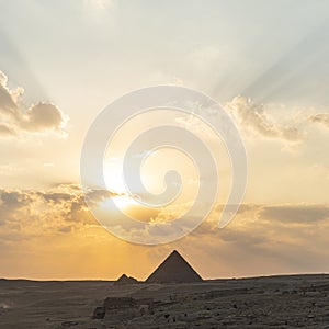 Archaeological complex of Great Egyptian Pyramids is located on the Giza plateau. second pyramid of Chephren khefren in the night