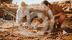 Archaeological Digging Site: Two Great Paleontologists Cleaning Newly Discovered of Dinosaur