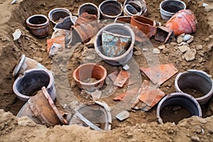 archaeological excavation buckets filled with discovered fragments