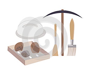 Archaeological Excavation Tools and Prehistoric Fossils, Pickaxe, Brush, Ceramic Crocks Flat Vector Illustration