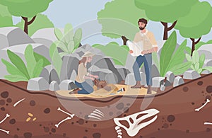 Archaeological excavation vector flat illustration. Men and women scientists in history expedition.