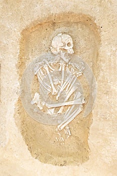 Archaeological excavations man and finds bones of a skeleton in a human burial, a detail of ancient research, prehistory