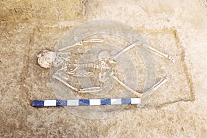 Archaeological excavations man and finds bones of a skeleton in a human burial, working tool, ruler, a detail of ancient resear