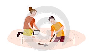Archaeological excavations, treasure hunt flat vector illustration. Excited archeologists dig out historical discovery