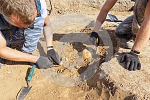 Archaeological excavations. Two archaeologists with tools conducting research on human bones on the ground tomb. Real process of d