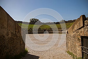 Archaeological park of Pompeii. Ancient city. The ruins of a Roman amphitheater for 20,000 people, where gladiatorial fights took