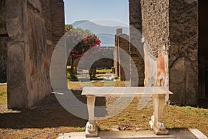 Archaeological park of Pompeii. An ancient city that tragically perished under lava. Old dilapidated houses, villas. Internal