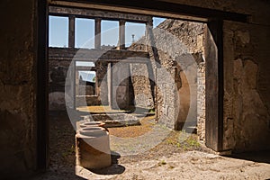 Archaeological park of Pompeii. An ancient city that tragically perished under lava. Old dilapidated houses, villas. Internal