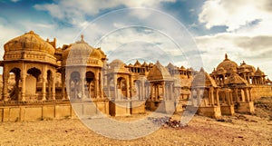 Archaeological ruins of royal cenotaphs at Bada Bagh Jaisalmer Rajasthan.