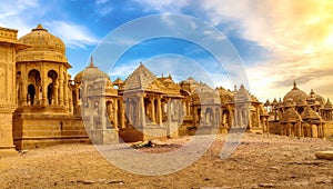 Archaeological ruins of royal cenotaphs at Bada Bagh Jaisalmer Rajasthan.