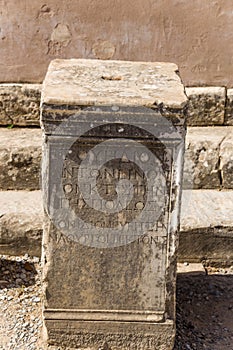 Archaeological site of Ephesus, Turkey. Basis of the column with an inscription in Roman Agora