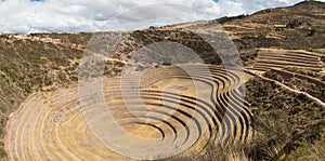 The archaeological site at Moray, travel destination in Cusco region and the Sacred Valley, Peru. Majestic concentric terraces, su