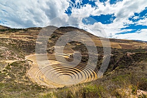 The archaeological site at Moray, travel destination in Cusco region and the Sacred Valley, Peru. Majestic concentric terraces, su