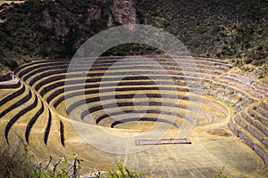 The archaeological site at Moray, travel destination in Cusco region and the Sacred Valley, Peru. Majestic concentric terraces, su