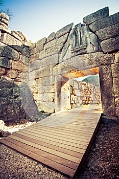 The archaeological site of Mycenae near the village of Mykines, with ancient tombs, giant walls and the famous lions gate.