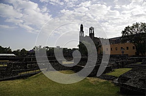 The archaeological site of Tlatelolco in Mexico City with the consolidated temple from earlier centuries