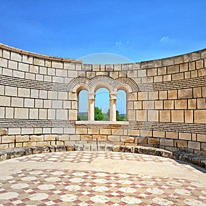 Archaeological tourism concept. Ancient Roman Atrium walls with Mosaic Floor photo