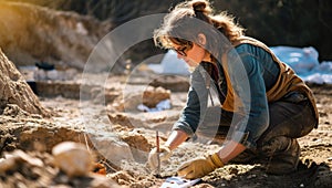 Archaeologist carefully excavating at a dig site