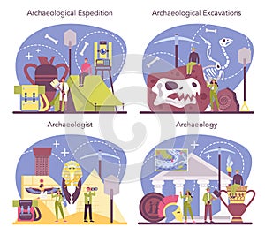 Archaeologist concept set. Ancient history scientist, paleontologist.