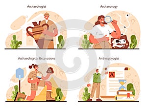 Archaeologist concept set. Ancient history scientist or paleontologist.