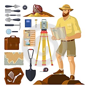 Archaeologist near archaeology items. Paleontology photo