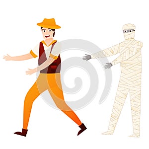Archaeologist running away from mummy, man researching egyptian artifacts in cartoon style isolated