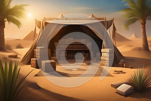 an archaeologist\'s tent, standing resolutely amidst the vast desert generated by ai