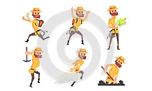 Archaeologist Scientist Cartoon Character in Different Situations Set, Bearded Man in Safari Outfit Vector Illustration