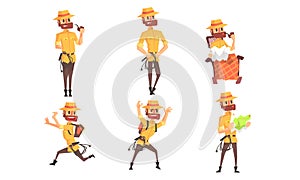Archaeologist Scientist Cartoon Character in Different Situations Set, Funny Bearded Man in Safari Outfit Vector