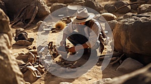 archaeologist sifting dirt from artifacts on an excavation site photo