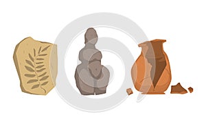 Archaeologists historical artifacts set. Stone section with prehistoric plants, broken clay vase, ancient statue cartoon