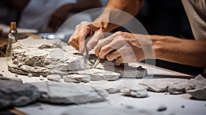 Archaeologists inspecting stone layers and ancient artifacts.AI Generated