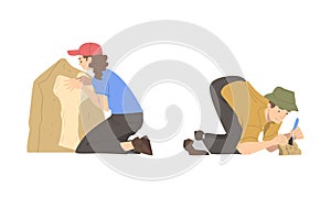 Archaeologists in working process. Paleontologist cleaning historical artifacts with brush cartoon vector illustration