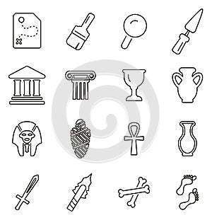 Archaeology Artifacts & Equipment Icons Thin Line Vector Illustration Set