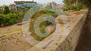 Archaeology excavation site panorama, stone building remains, cultural heritage