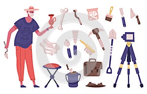 Archaeology explorer character with archaeology dig equipment and artefacts. Male archaeologist at work vector