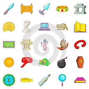 Archaeology icons set, cartoon style