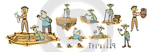 Archaeology, paleontology and treasure hunting, archaeologists on excavation site. Set of cartoon caracters and tools