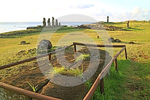 Archaeology Site with Ahu Tahai and Ahu Ko Te Riku Ceremonial Platform at the Pacific West Coast of Easter Island, Chile