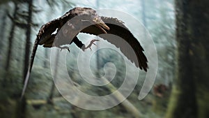 Archaeopteryx, bird-like dinosaur flying through the forest