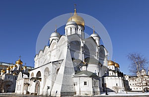 The Archangel Cathedral of the Moscow Kremlin on a Sunny winter day,