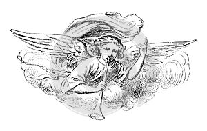 Archangel Gabriel or Angel Blowing Trumpet. Bible. Vintage Antique Drawing photo