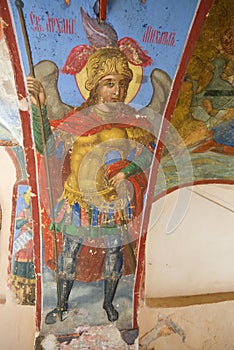 Archangel Michael - ancient fresco XVI-XVII centuries in the design of the Cathedral of the Virgin of the Sign Znamensky. Veli