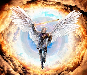 Archangel Michael in armor with flaming sword and shield photo