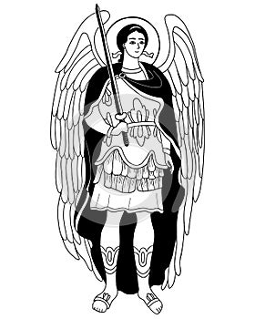 Archangel Michael in armor with sword. Vector decorative illustration. Outline hand drawing. Religious concept for